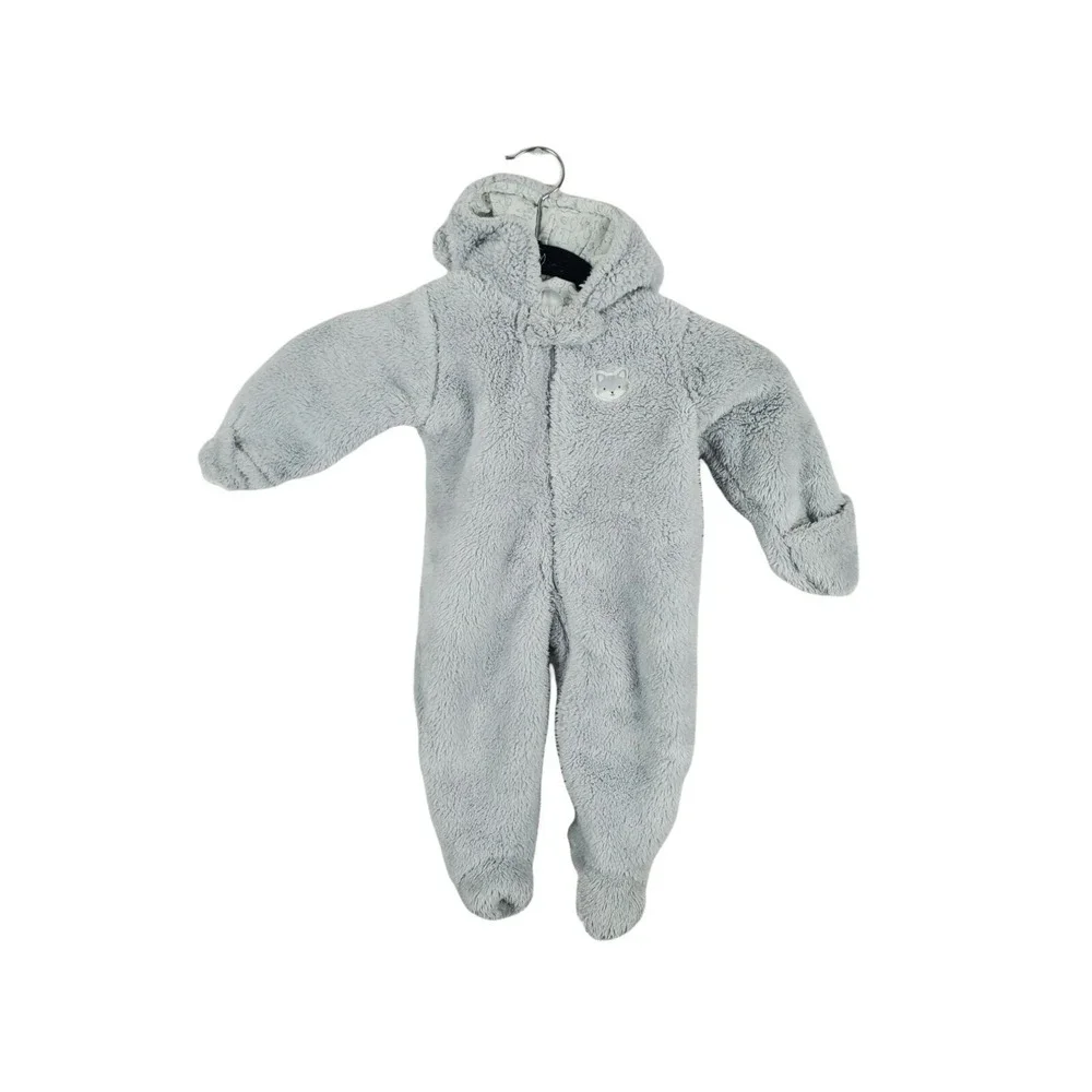 Carters One Piece Fleece Infant 6 Months Grey Hooded Long Sleeve Warm